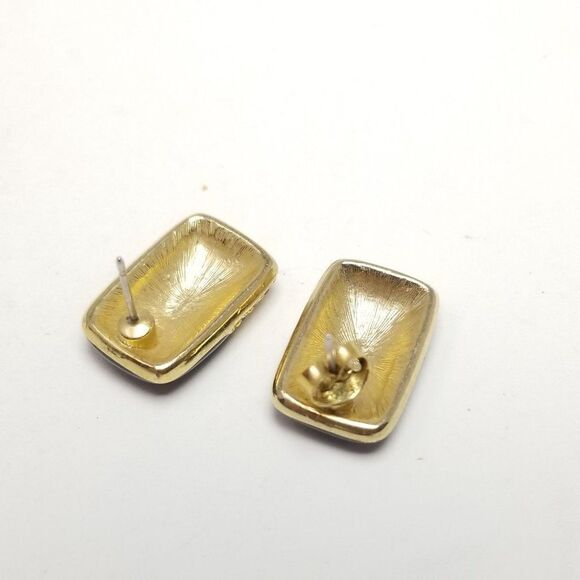 Vintage Black and Gold Tone Rectangle Stud Earrings, Rhinestones, Estate - Picture 3 of 6